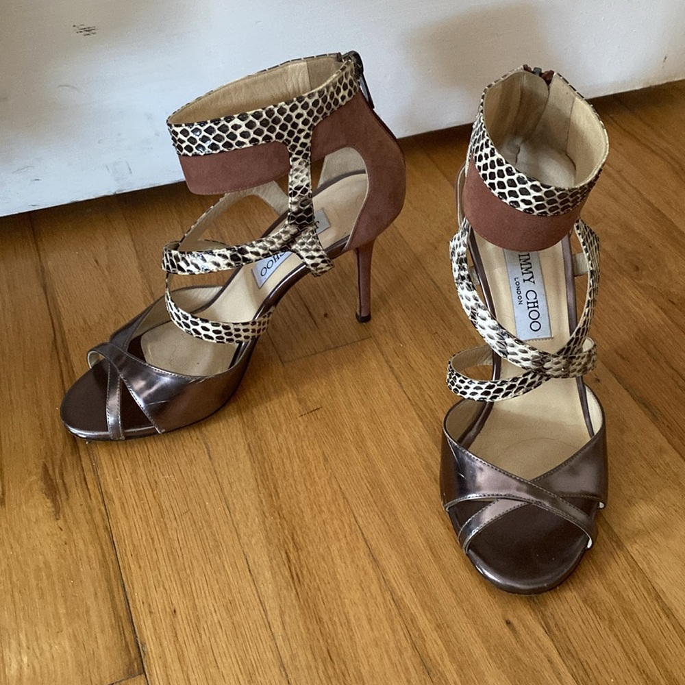 Auth. Jimmy Choo Snake Skin Metallic Strappy Heels. Sz.37/ 7